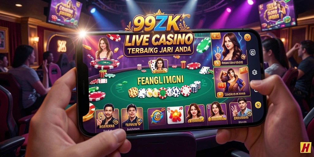 Screenshot gameplay 99ZK menunjukkan dealer langsung di meja permainan.