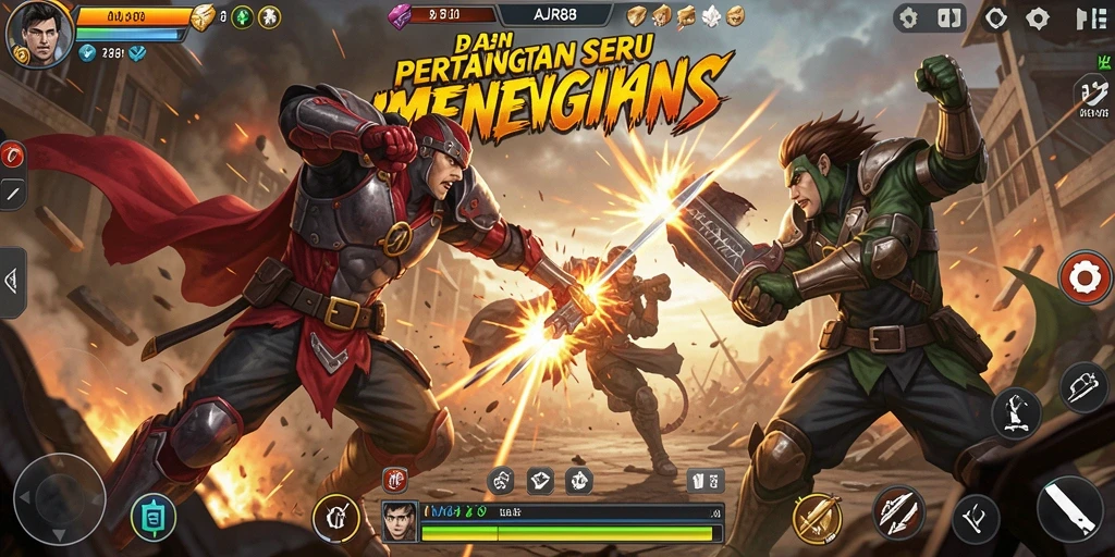 Screenshot utama AJR88 menampilkan karakter bertarung dalam arena seru.