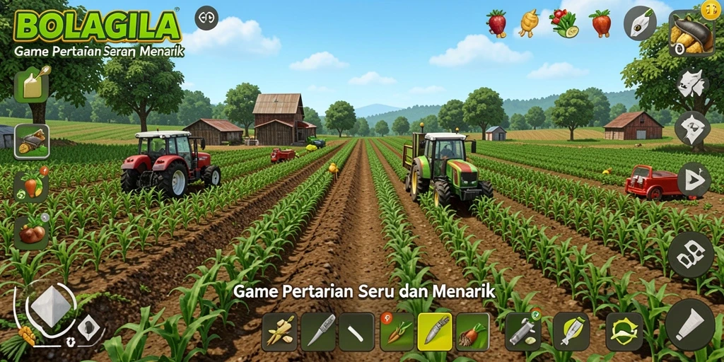 Tangkapan layar gameplay BOLAGILA menampilkan pengalaman bertani yang seru.