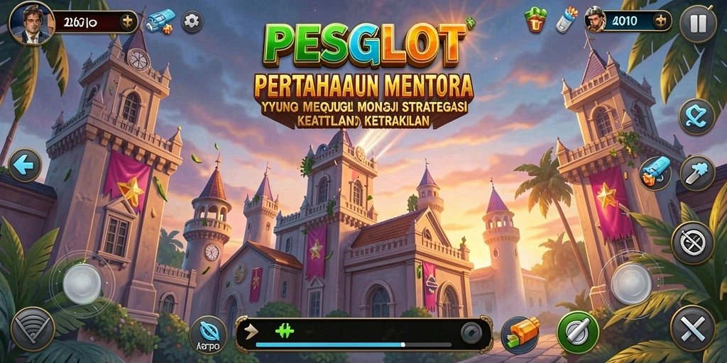 Screenshot PESGSLOT menampilkan menara pertahanan dan gelombang musuh.