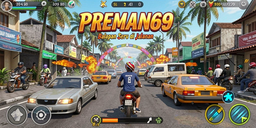 Screenshot gameplay PREMAN69 menampilkan balapan seru di trek yang dinamis.