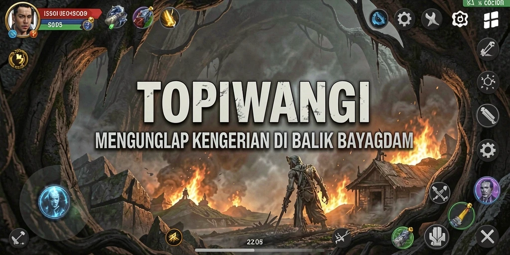 Screenshot gameplay TOPIWANGI yang menampilkan kengerian dalam suasana gelap.