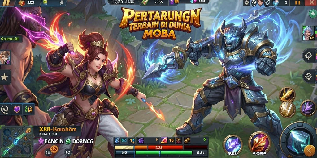 Tampilan gameplay yang spektakuler dalam pertarungan MOBA.